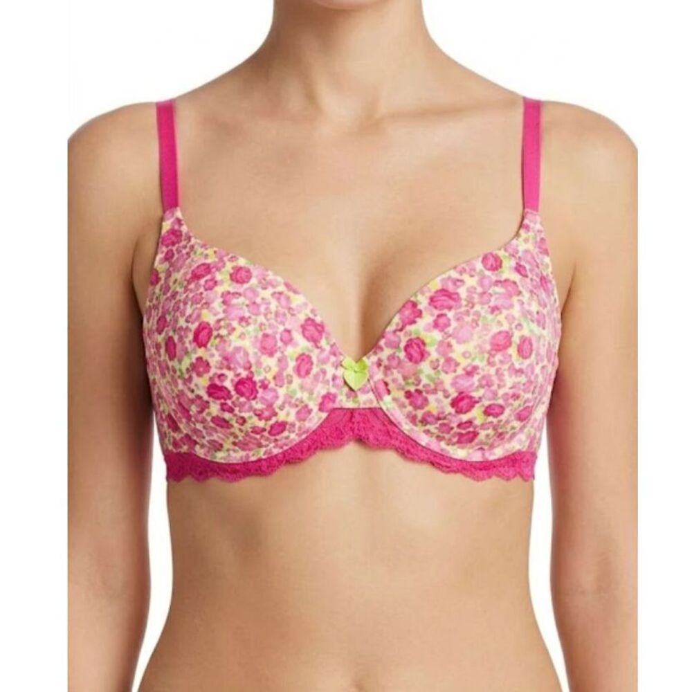 Adore Me White Pink Floral Lace Trim Contour Full Coverage Underwire Bra 40DD